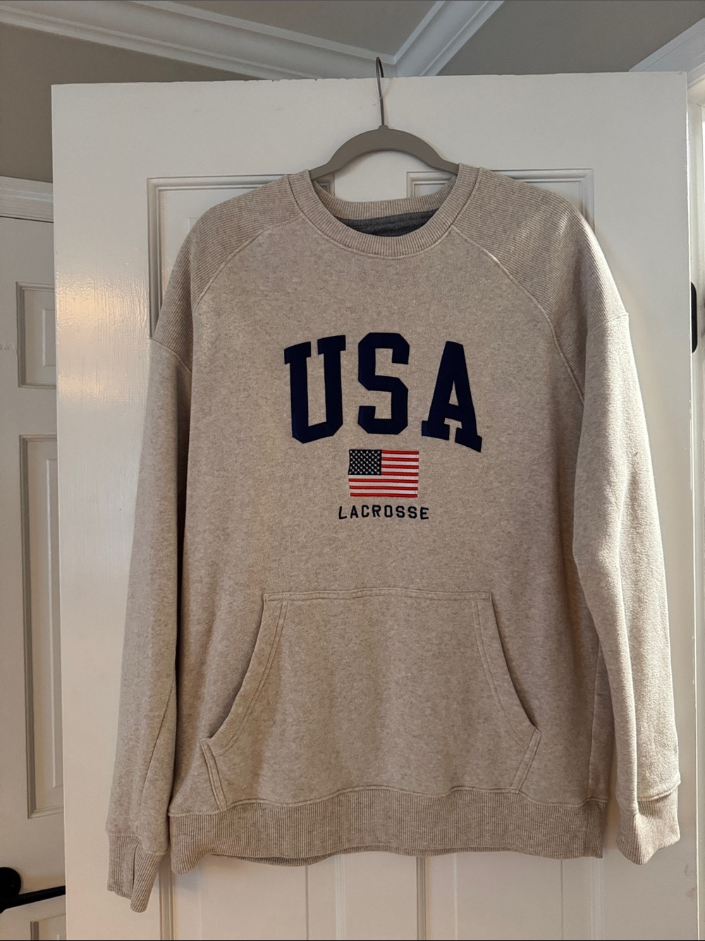 Champion USA Lacrosse Crewneck Sweatshirt in Beige with Navy and Red Accents